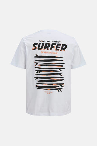 T-shirt blanc JJREBEL, avec des planches de surf noires et des détails orange au dos.