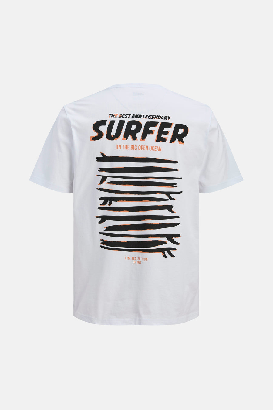 T-shirt blanc JJREBEL, avec des planches de surf noires et des détails orange au dos.