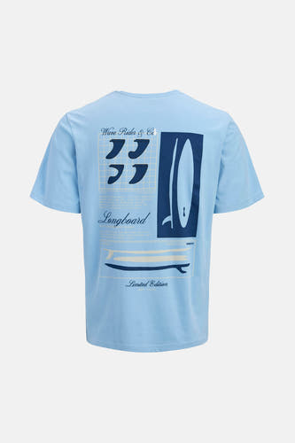 T-shirt bleu de JJREBEL avec motifs de surf au dos.