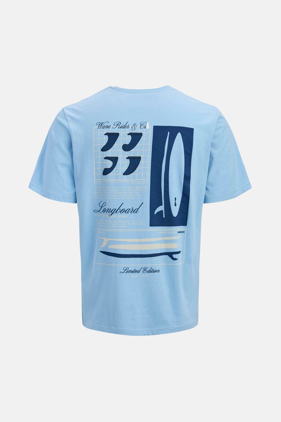 T-shirt bleu de JJREBEL avec motifs de surf au dos.
