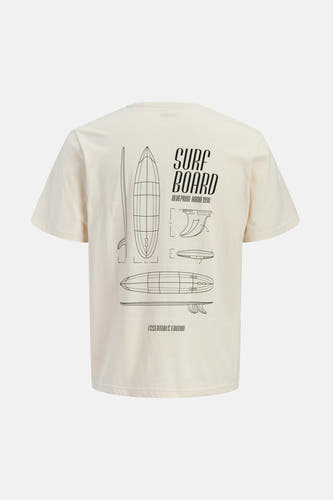 T-shirt écru de JJREBEL avec un imprimé graphique d'une planche de surf au dos.