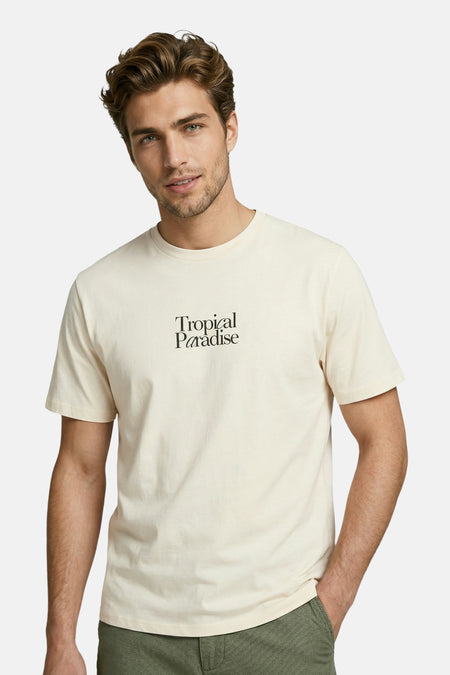 T-shirt beige JJREBEL à manches courtes avec inscription "Tropical Paradise".