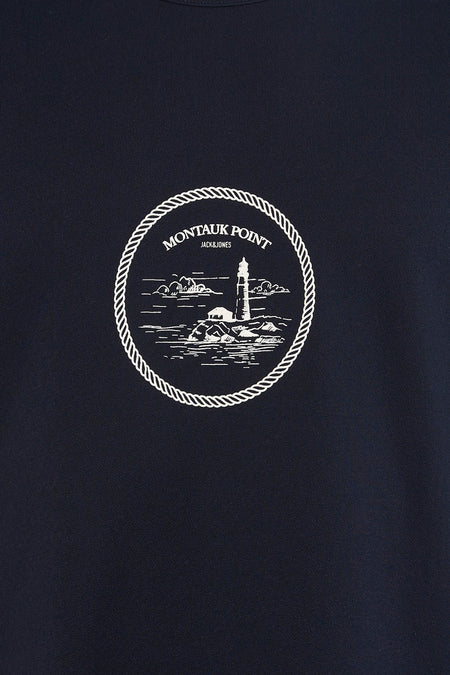 T-shirt bleu à manches courtes de ORIGINALS BY JACK & JONES, avec un col rond et un imprimé graphique d'un phare.