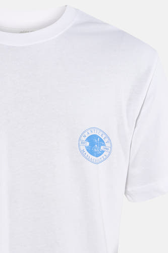 T-shirt blanc à manches courtes de ORIGINALS BY JACK & JONES, avec un col rond et un imprimé bleu sur la poitrine.