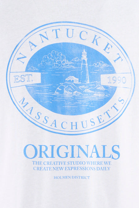 T-shirt blanc à manches courtes de ORIGINALS BY JACK & JONES, avec un col rond et un imprimé bleu.