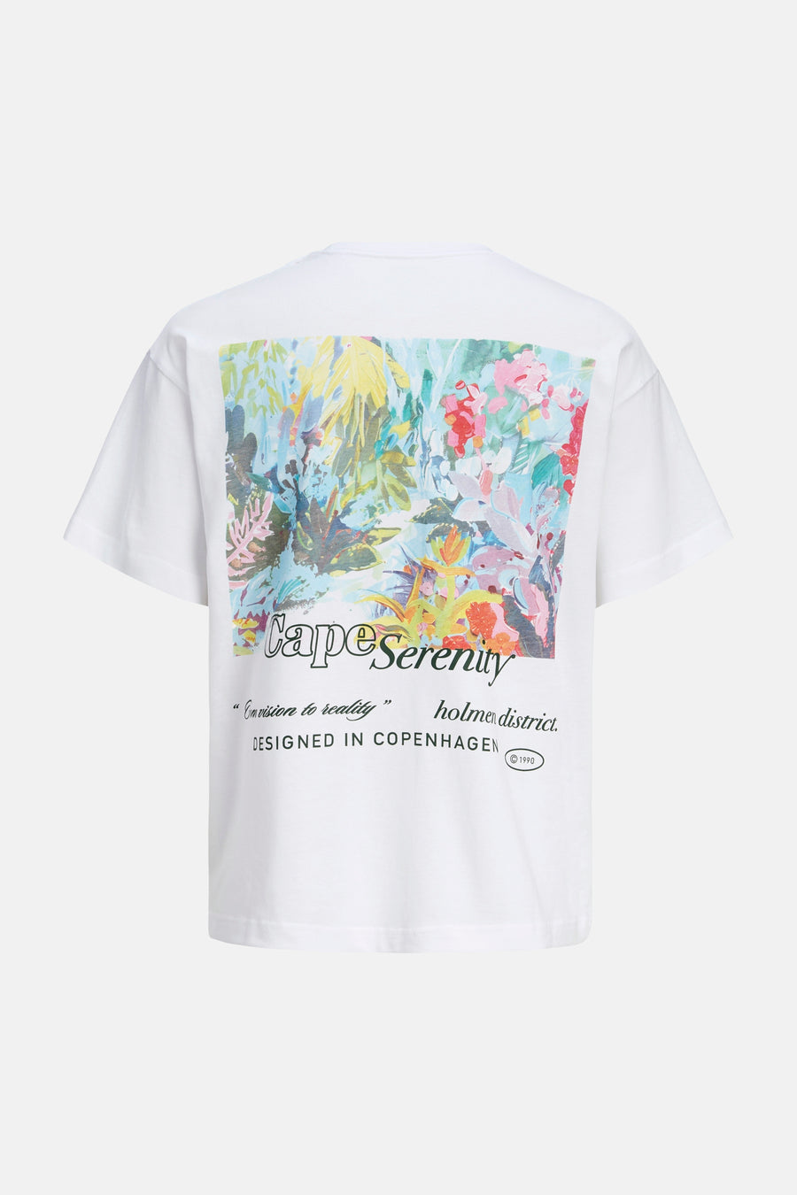 T-shirt blanc ORIGINALS BY JACK & JONES, avec imprimé floral coloré et inscription au dos.