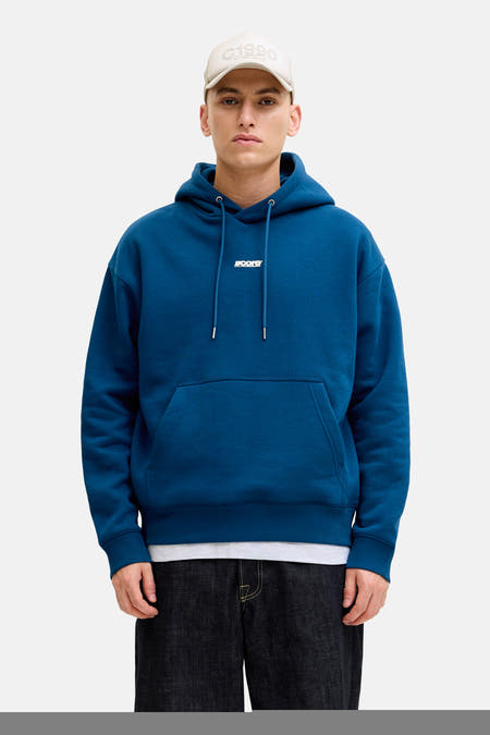 Blauwe sweater met kap van CORE BY JACK & JONES, met trekkoorden en een buidelzak.