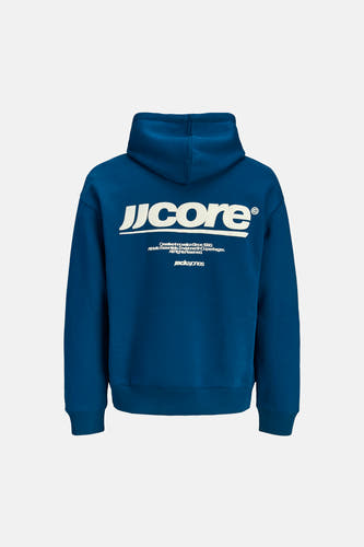 Sweatshirt à capuche bleu de CORE by JACK & JONES, à manches longues et avec inscription du logo blanc au dos.