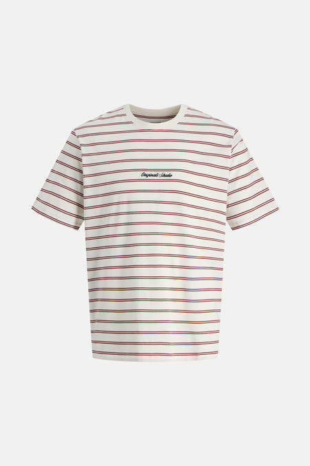 T-shirt à rayures rouges à manches courtes d'ORIGINALS par JACK & JONES, avec du texte brodé sur la poitrine.
