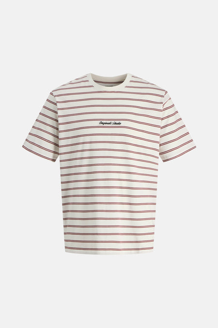 T-shirt à rayures rouges à manches courtes d'ORIGINALS par JACK & JONES, avec du texte brodé sur la poitrine.