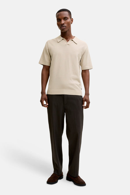 Beige polo met korte mouwen van PREMIUM by JACK & JONES, met een fijn gebreide textuur, gecombineerd met donkere pantalon en bruine loafers.