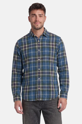 Chemise à carreaux bleus à manches longues de PREMIUM BLUE by JACK & JONES, avec des accents verts, beiges et oranges, portée avec un jean foncé.