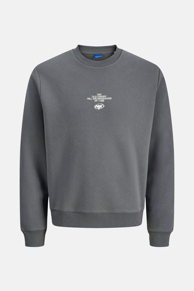 Gilet gris avec col rond d'ORIGINALS BY JACK & JONES, avec du texte blanc et un petit logo sur la poitrine.