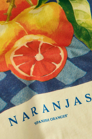 Geel T-shirt met korte mouwen van ORIGINALS BY JACK & JONES, met een print van Spaanse sinaasappels op een geruit tafelkleed.