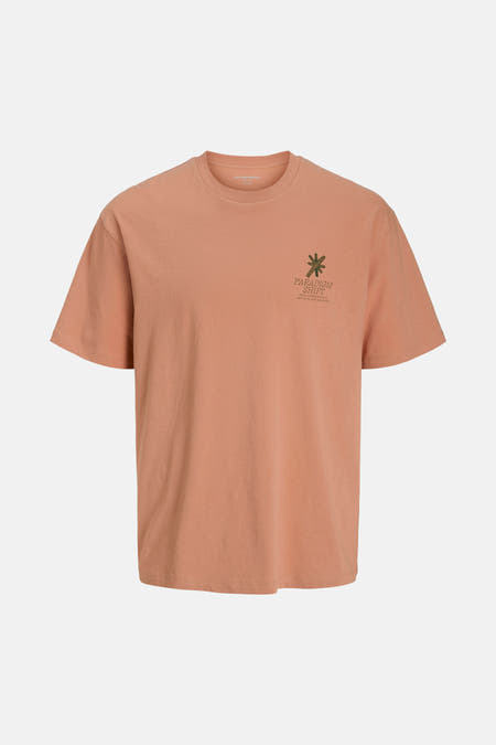 T-shirt orange à manches courtes d'ORIGINALS BY JACK & JONES, avec une petite impression verte sur la poitrine.