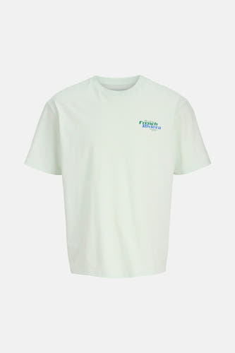 T-shirt blanc à manches courtes d'ORIGINALS BY JACK & JONES, avec une impression bleu-vert sur la poitrine.