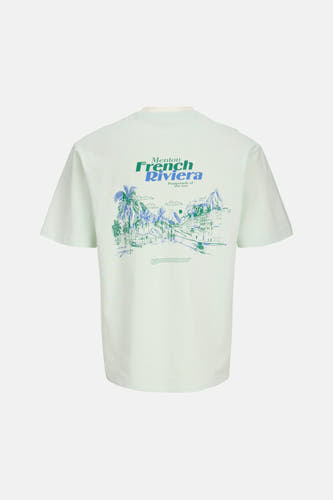 T-shirt vert clair avec manches courtes d'ORIGINALS BY JACK & JONES, avec une impression graphique bleue et verte sur le dos.