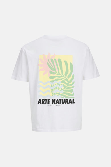 T-shirt blanc à manches courtes d'ORIGINALS BY JACK & JONES, avec une impression graphique abstraite et colorée sur le dos.