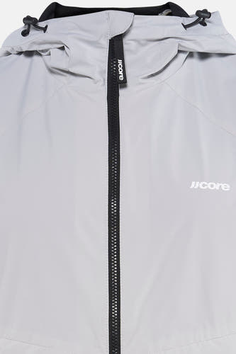 Veste courte grise de CORE BY JACK & JONES, avec fermeture éclair noire et logo sur le devant, et cordons de serrage à la capuche.