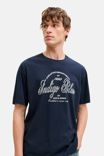 T-shirt bleu à manches courtes d'ORIGINALS BY JACK & JONES, avec une impression graphique sur la poitrine.