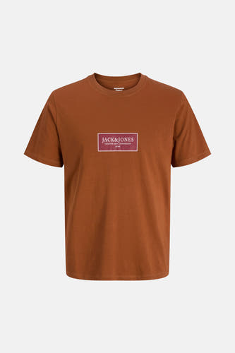 T-shirt brun à manches courtes d'ORIGINALS BY JACK & JONES, avec une impression rectangulaire sur la poitrine.