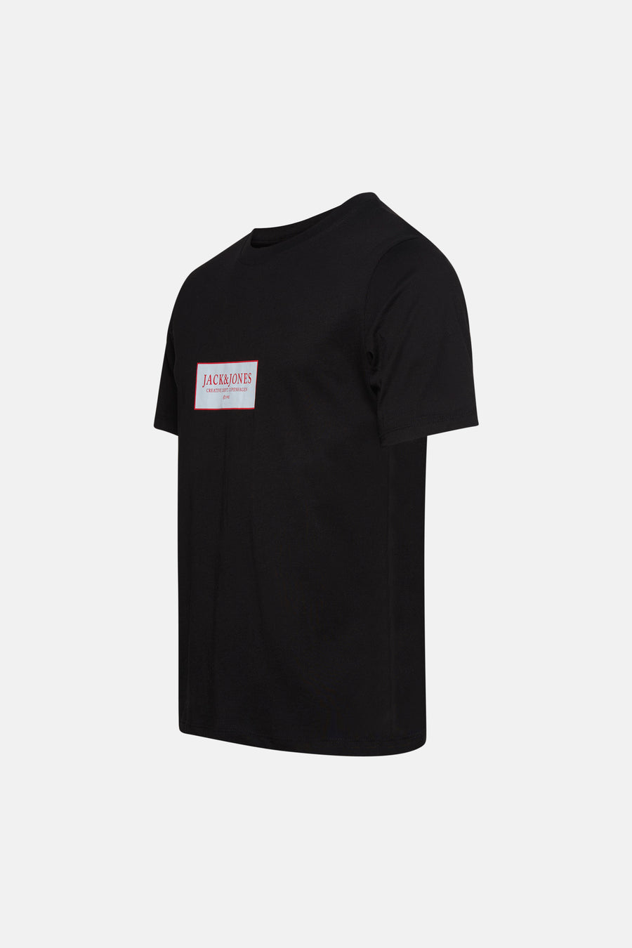 T-shirt noir à manches courtes de ORIGINALS by JACK & JONES, avec un logo rectangulaire sur la poitrine.
