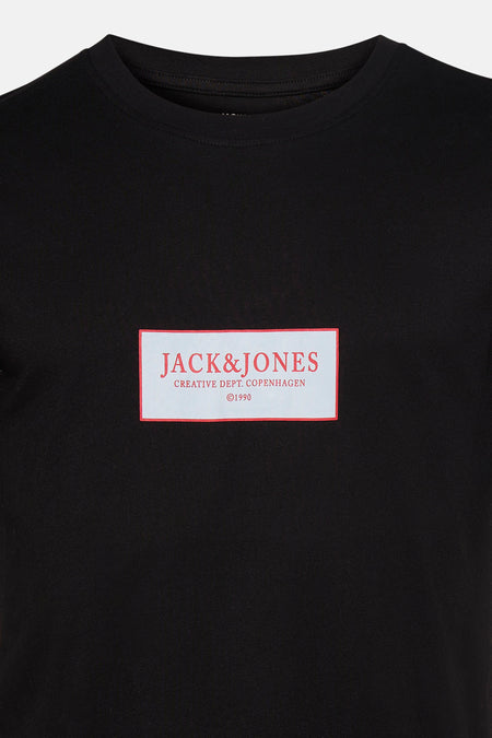 T-shirt noir à manches courtes de ORIGINALS BY JACK & JONES, avec un imprimé logo rectangulaire au centre devant.
