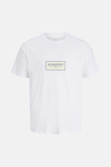 T-shirt blanc à manches courtes d'ORIGINALS BY JACK & JONES, avec un logo rectangulaire sur la poitrine.