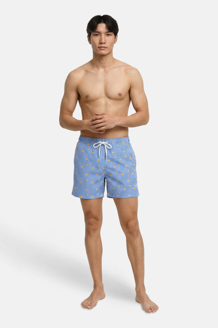 Blauwe zwemshort van JACK & JONES JEANS INTELLIGENCE met blauw-witte strepen, gele eendjes en een wit trekkoord.