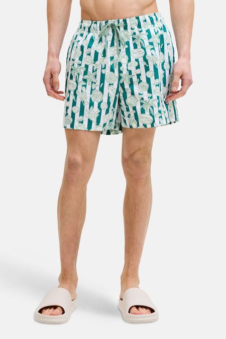 Short de bain vert de JACK & JONES JEANS INTELLIGENCE, avec des rayures blanches et un imprimé de coquillages, porté avec des tongs beiges.
