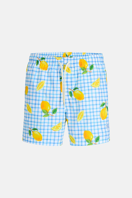 Short de bain bleu de JACK & JONES JEANS INTELLIGENCE, avec un motif à carreaux et des citrons.