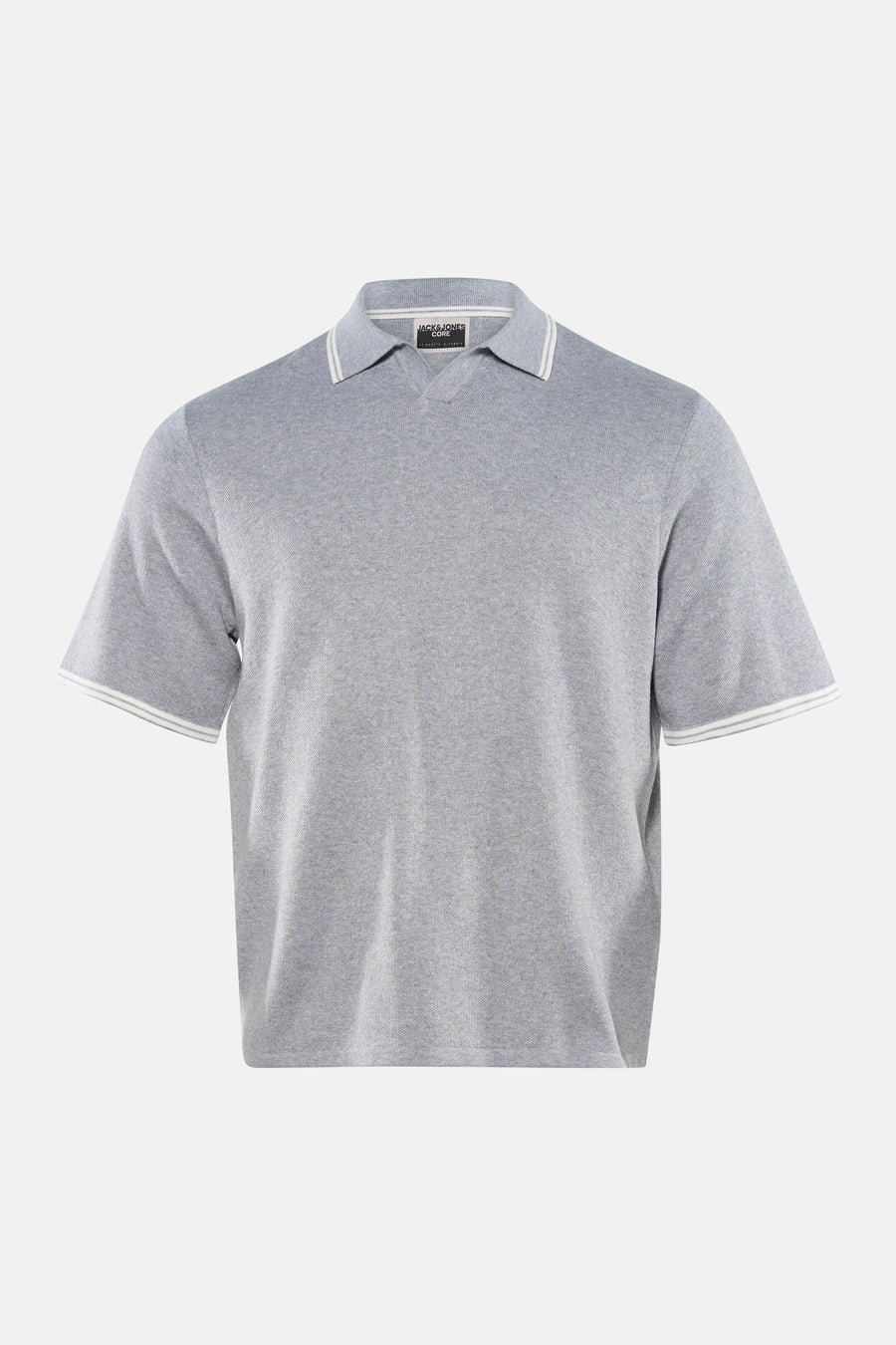 Polo grise à manches courtes de CORE BY JACK & JONES, avec des détails blancs au col et aux manches.