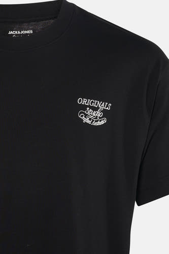 T-shirt noir à manches courtes de ORIGINALS BY JACK & JONES, avec imprimé blanc 'Originals Studio Crafted Aesthetics'.