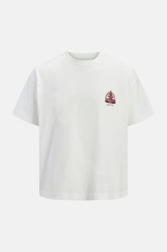 T-shirt blanc ORIGINALS BY JACK & JONES, avec un petit imprimé fontaine rouge sur la poitrine.