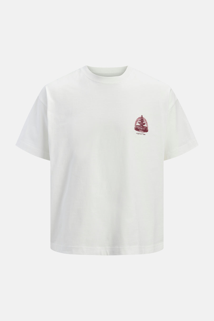 T-shirt blanc ORIGINALS BY JACK & JONES, avec un petit imprimé fontaine rouge sur la poitrine.