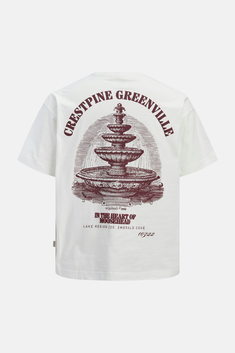 T-shirt blanc de ORIGINALS BY JACK & JONES, avec un imprimé fontaine vintage au dos et des détails textuels.