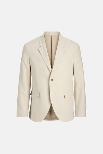 Blazer écru de PREMIUM by JACK & JONES, croisé avec deux poches à rabat et un bouton naturel.