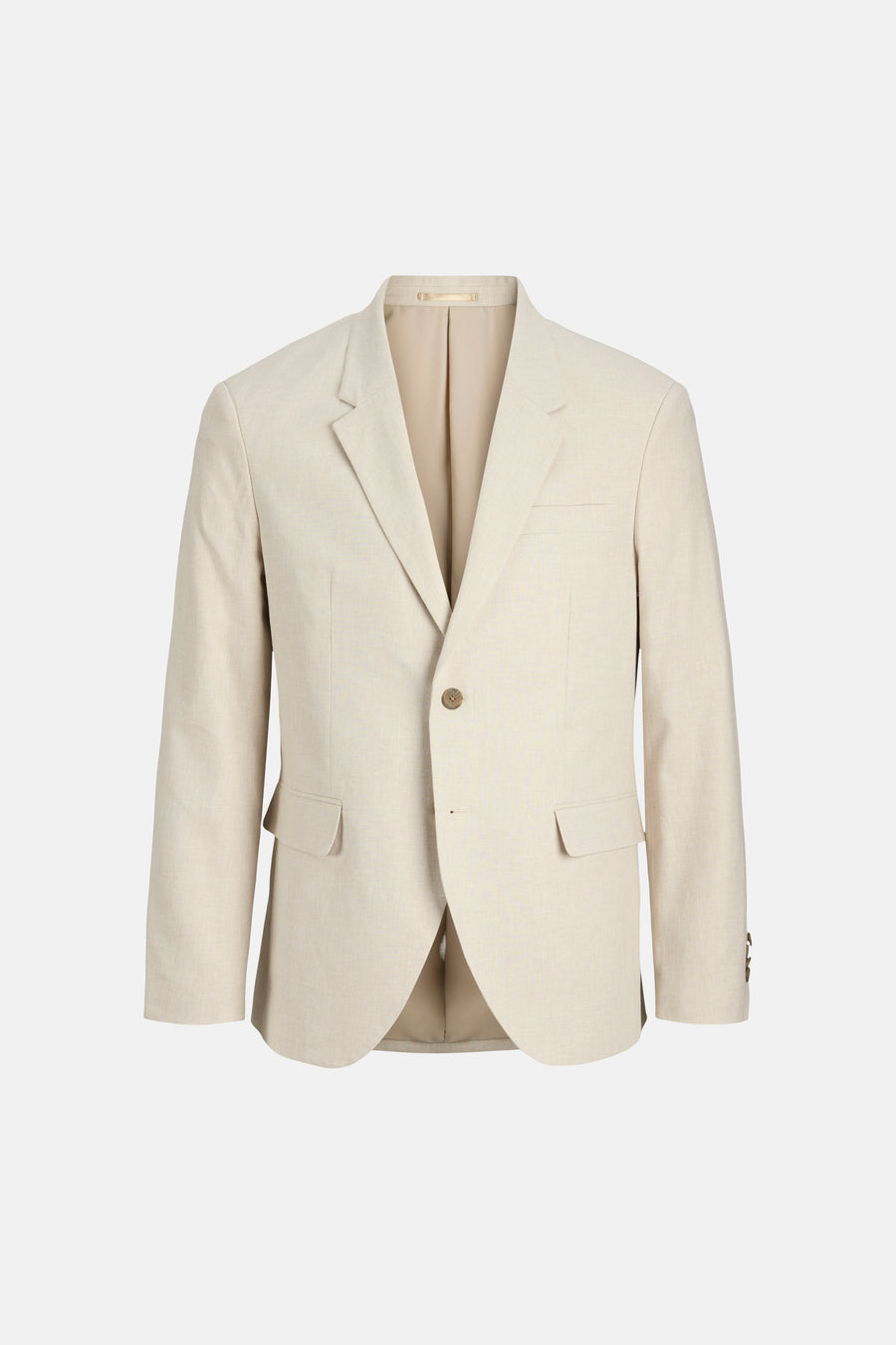 Blazer écru de PREMIUM by JACK & JONES, croisé avec deux poches à rabat et un bouton naturel.