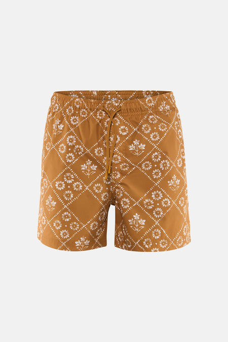 Short de bain jaune de PREMIUM by JACK & JONES avec motif floral blanc et à carreaux géométriques et cordon de serrage.