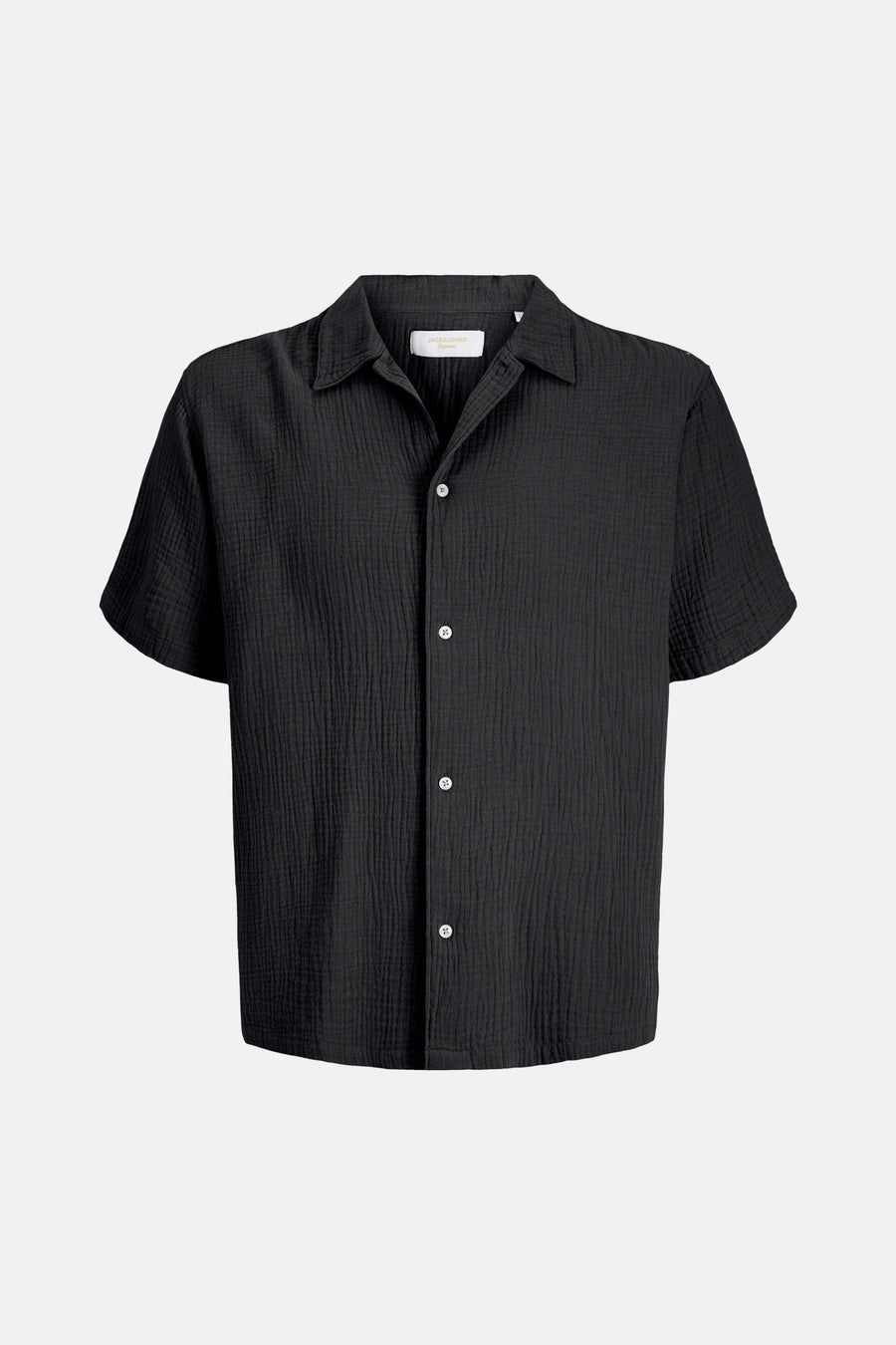 Chemise noire à manches courtes de ORIGINALS BY JACK & JONES, avec une texture froissée et un col ouvert.