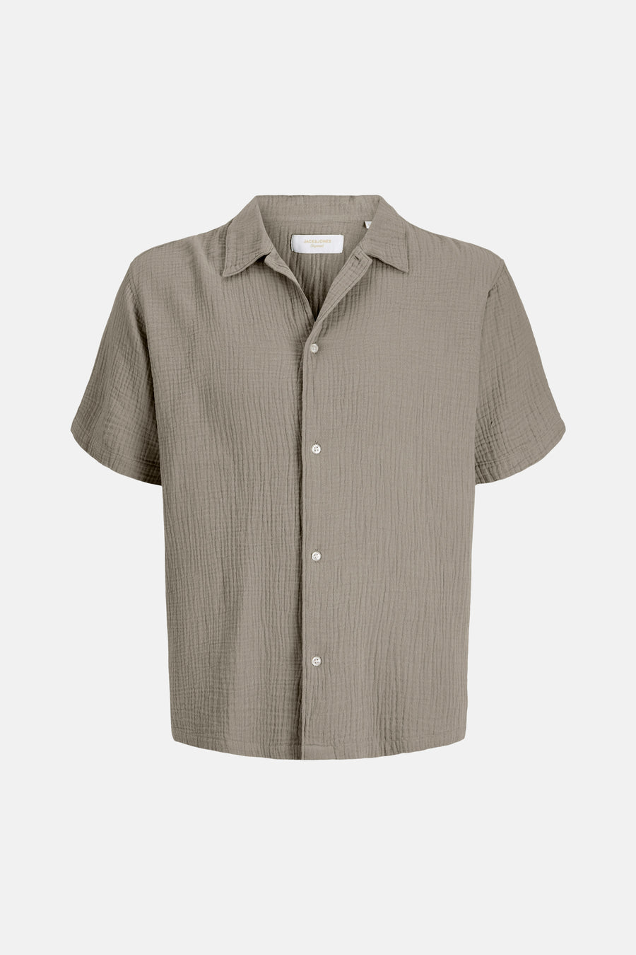 Chemise marron à manches courtes de ORIGINALS BY JACK & JONES, avec une texture froissée et des boutons blancs.