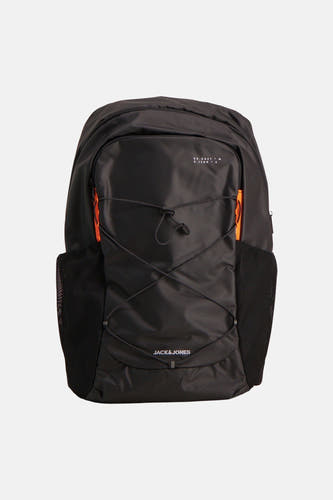 Sac à dos noir de ACCESSORIES BY JACK & JONES avec des accents orange et des cordons élastiques croisés.