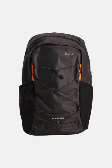 Sac à dos noir de ACCESSORIES BY JACK & JONES avec des accents orange et des cordons élastiques croisés.