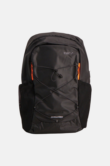 Sac à dos noir de ACCESSORIES BY JACK & JONES avec des accents orange et des cordons élastiques croisés.