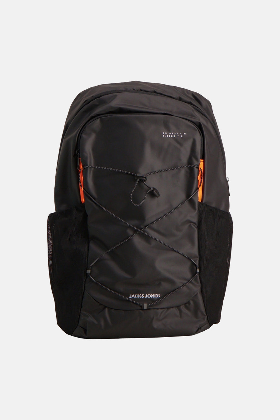 Sac à dos noir de ACCESSORIES BY JACK & JONES avec des accents orange et des cordons élastiques croisés.