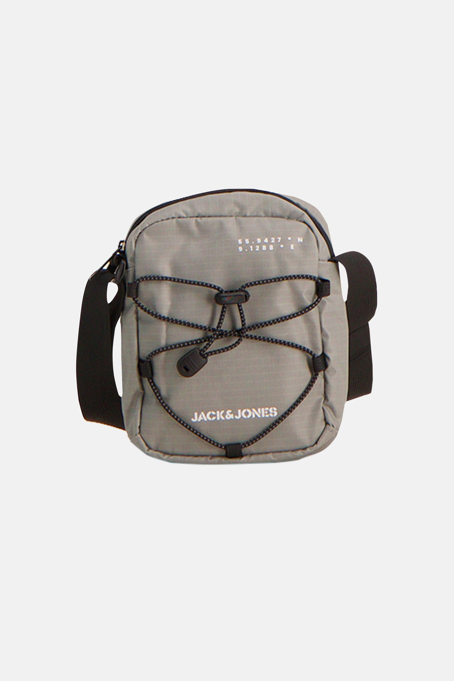 Sac à bandoulière gris de ACCESSORIES BY JACK & JONES, avec détails de cordon noir et bandoulière noire.