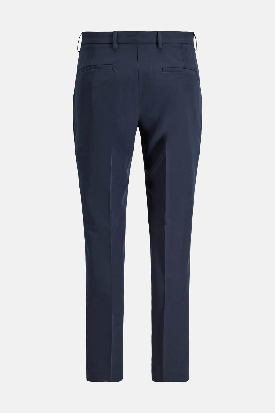 Pantalon de costume bleu de PREMIUM by JACK & JONES, vu de dos avec passants de ceinture et poches passepoilées.