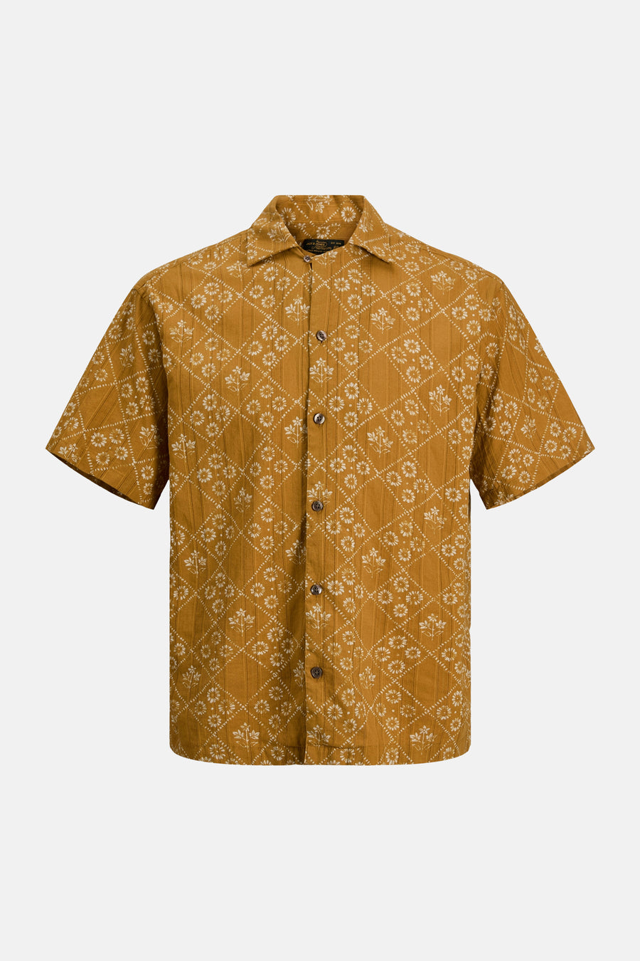 Chemise jaune à manches courtes de PREMIUM by JACK & JONES, avec un motif à carreaux de fleurs blanches et des rayures verticales.