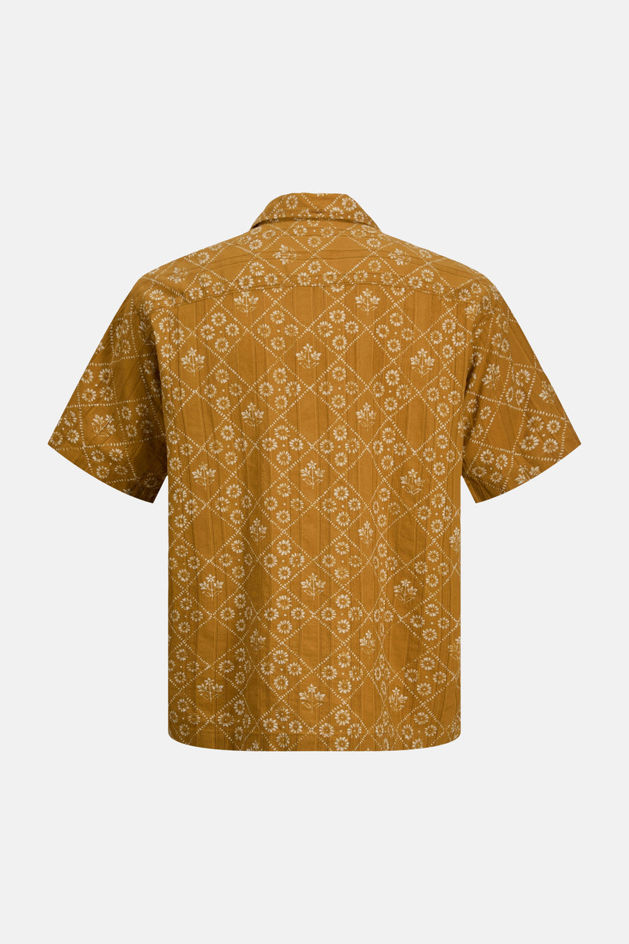 Chemise jaune à manches courtes de PREMIUM by JACK & JONES, avec des motifs floraux blancs et des motifs à carreaux géométriques, vue arrière.