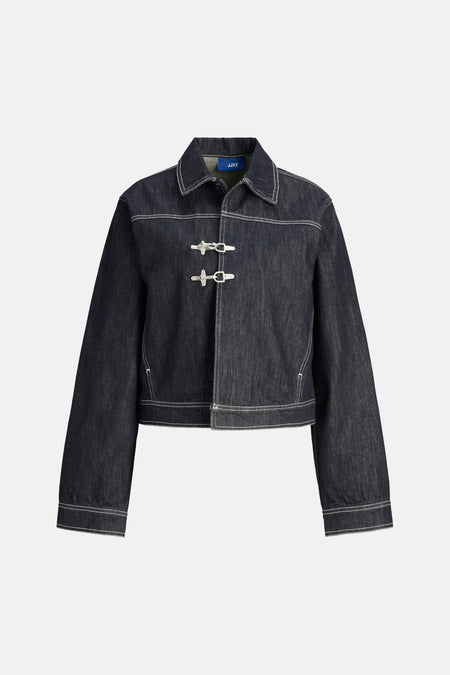 Veste en jean bleu foncé de JJXX avec manches longues, surpiqûres blanches et fermeture argentée.